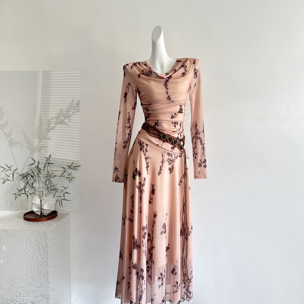 Big skirt long sleeve long dress retro floral dress