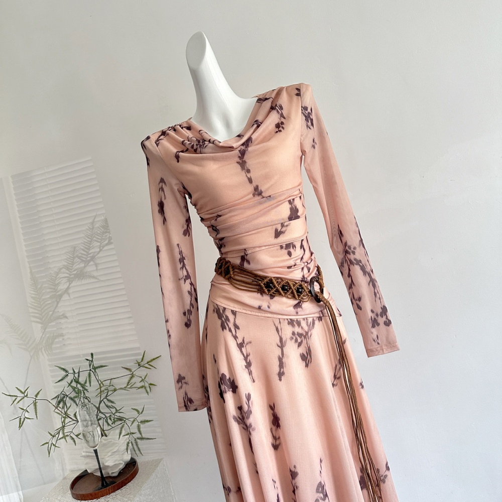Big skirt long sleeve long dress retro floral dress