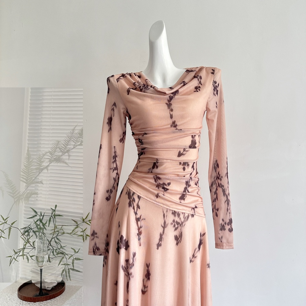 Big skirt long sleeve long dress retro floral dress