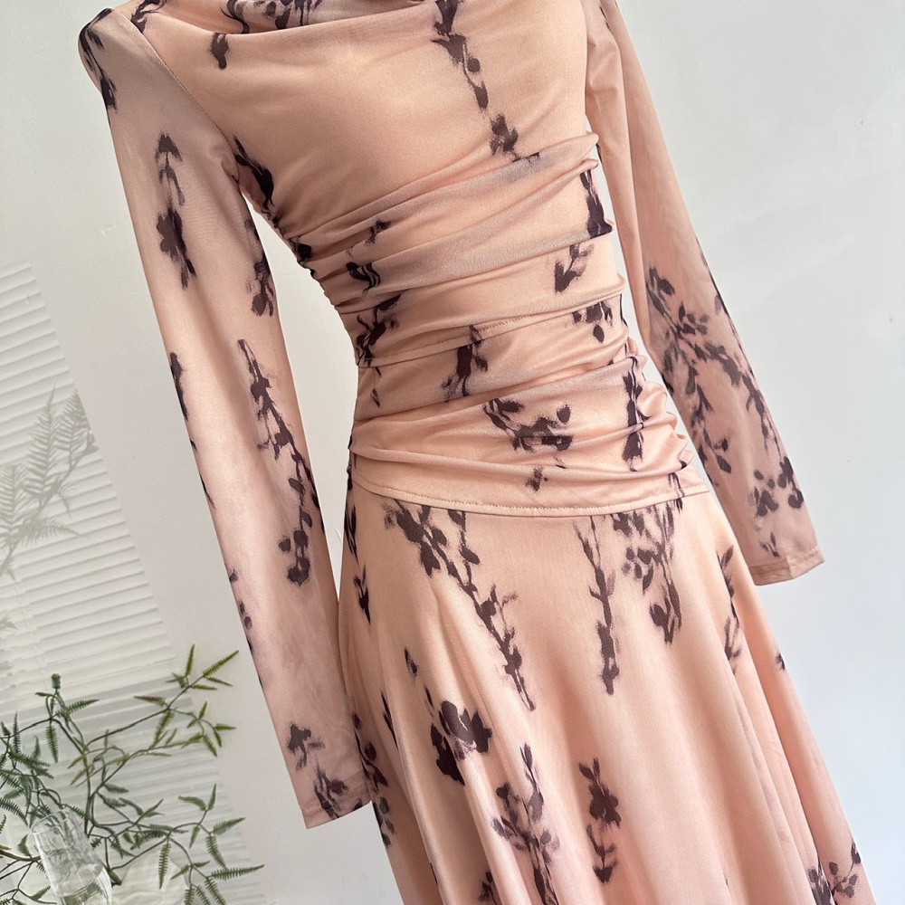 Big skirt long sleeve long dress retro floral dress