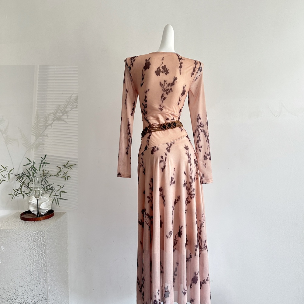 Big skirt long sleeve long dress retro floral dress