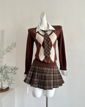 Pseudo-two knitted sweater pleated short skirt a set