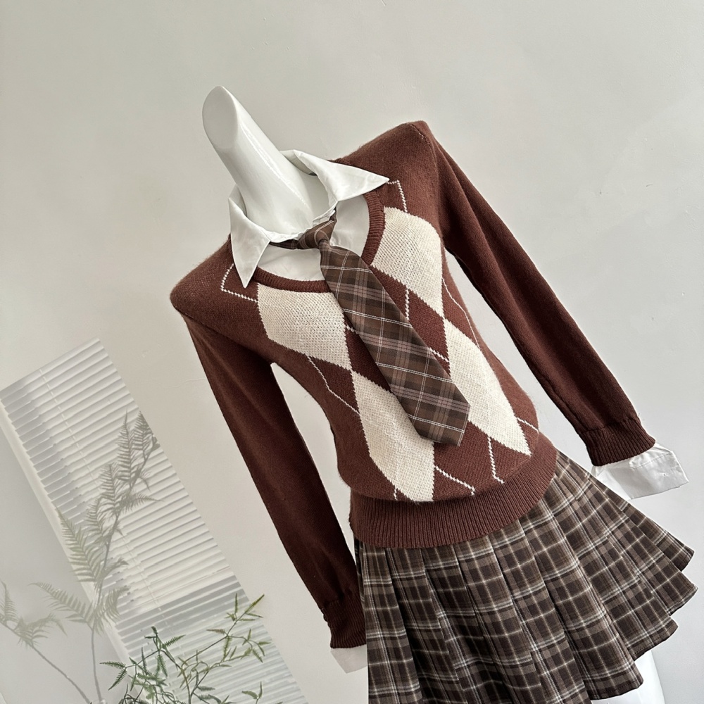 Pseudo-two knitted sweater pleated short skirt a set