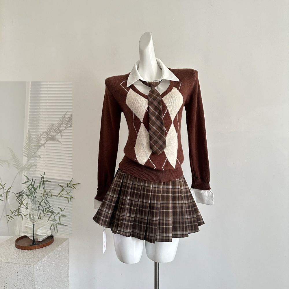 Pseudo-two knitted sweater pleated short skirt a set