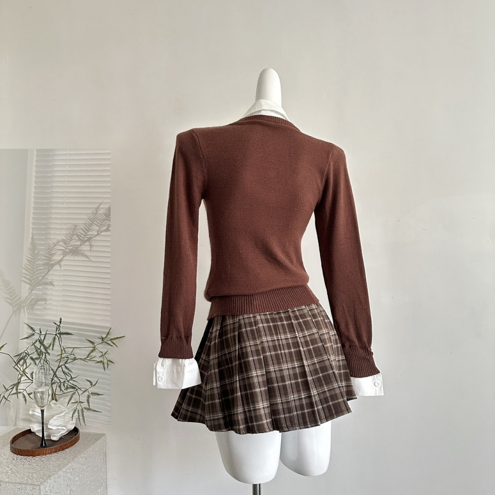 Pseudo-two knitted sweater pleated short skirt a set