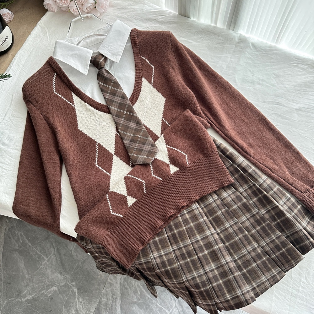 Pseudo-two knitted sweater pleated short skirt a set