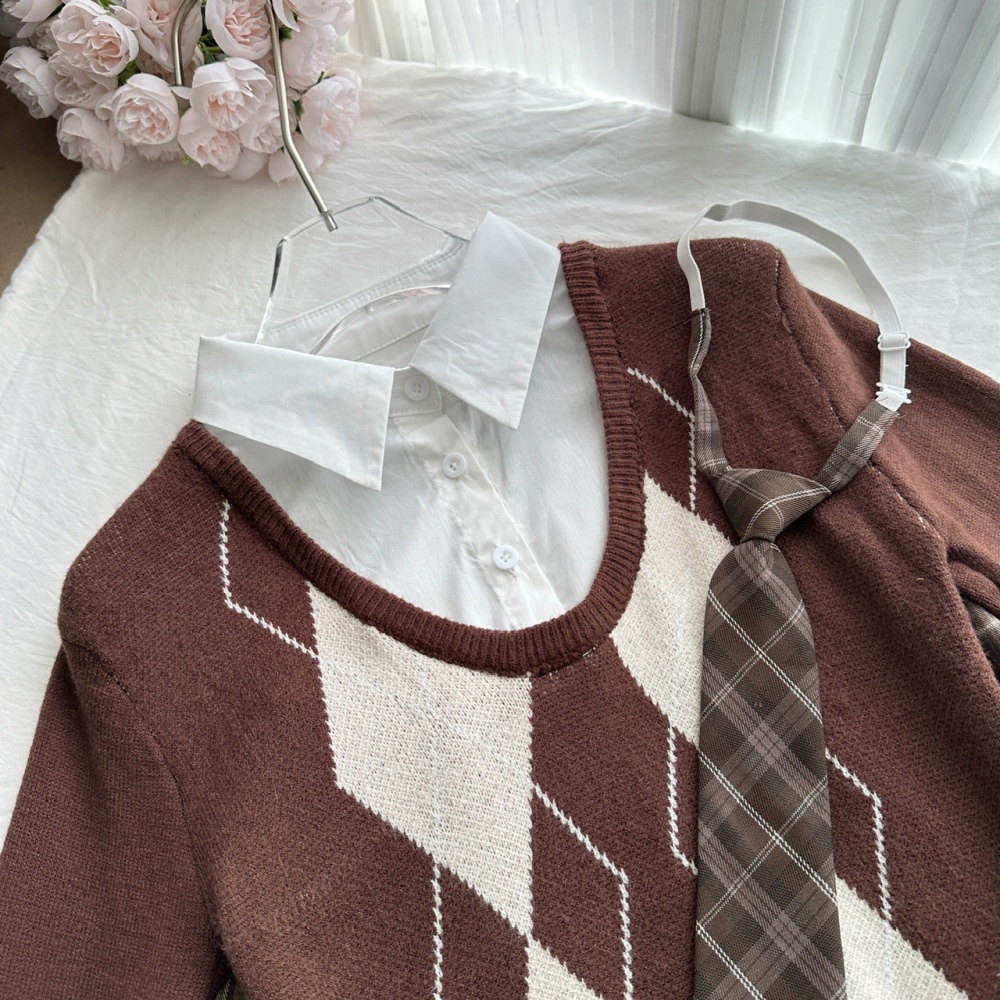 Pseudo-two knitted sweater pleated short skirt a set