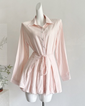 Pinched waist stripe autumn dress pink long sleeve shirt
