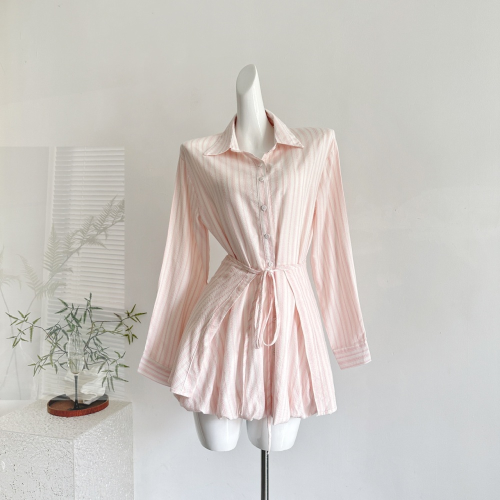 Pinched waist stripe autumn dress pink long sleeve shirt