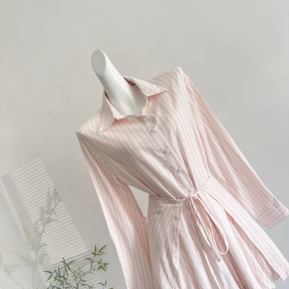 Pinched waist stripe autumn dress pink long sleeve shirt