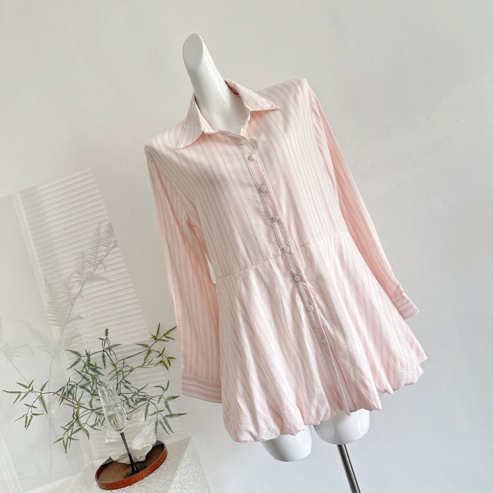 Pinched waist stripe autumn dress pink long sleeve shirt