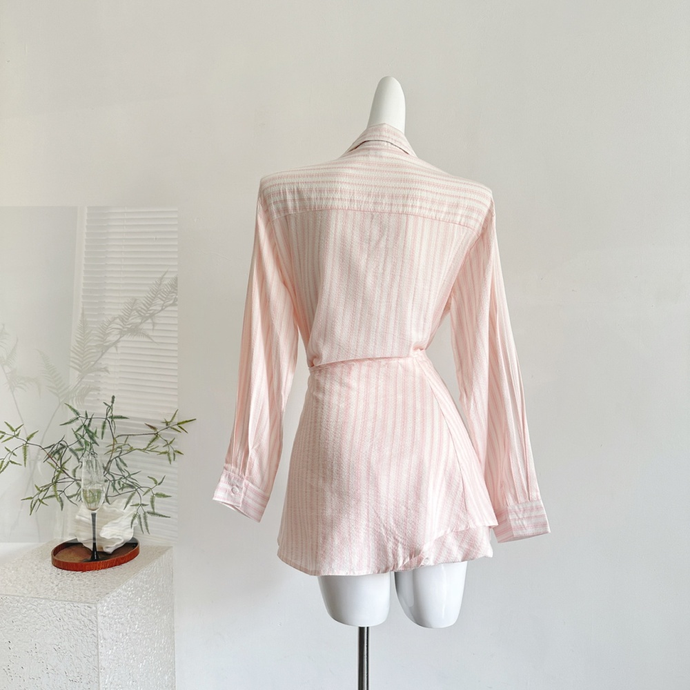Pinched waist stripe autumn dress pink long sleeve shirt