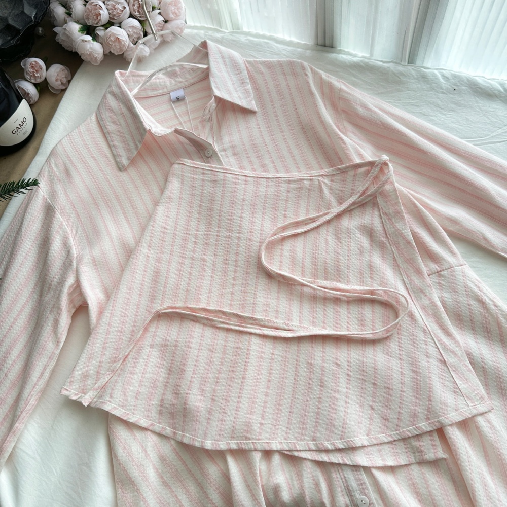 Pinched waist stripe autumn dress pink long sleeve shirt