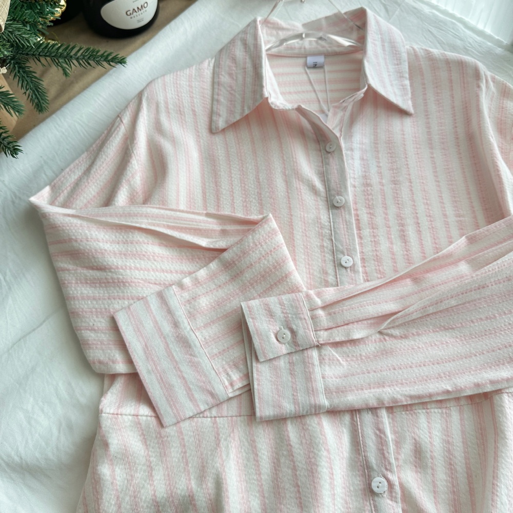 Pinched waist stripe autumn dress pink long sleeve shirt