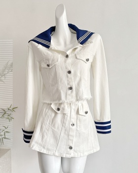 Navy style cotton coat autumn short skirt a set