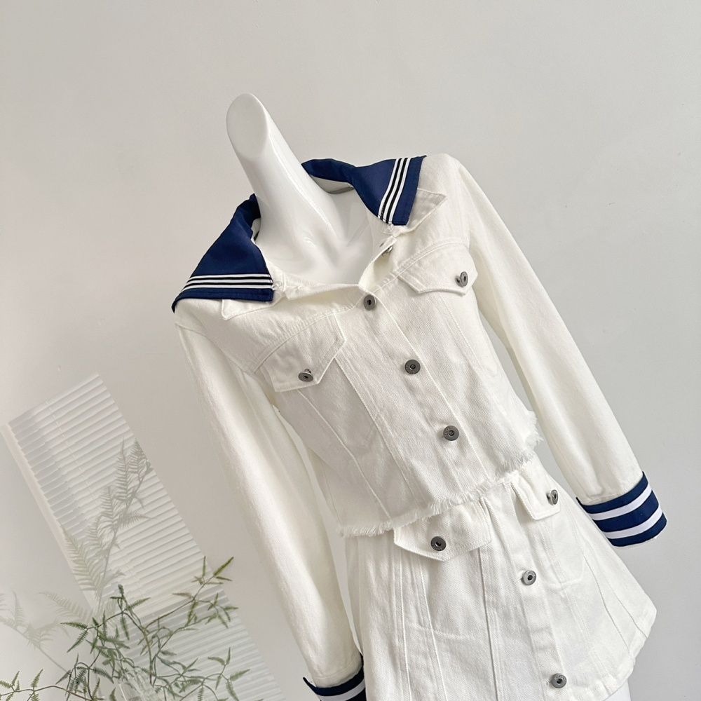 Navy style cotton coat autumn short skirt a set