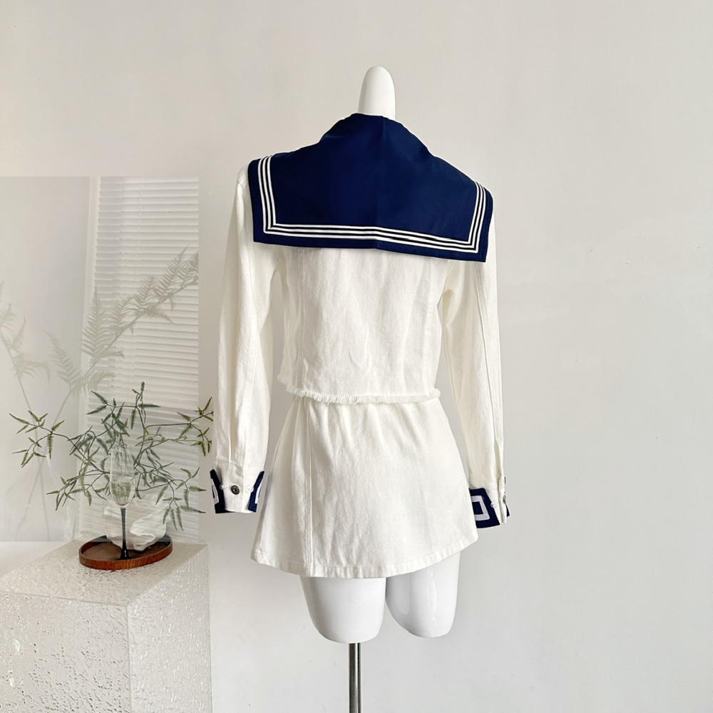 Navy style cotton coat autumn short skirt a set