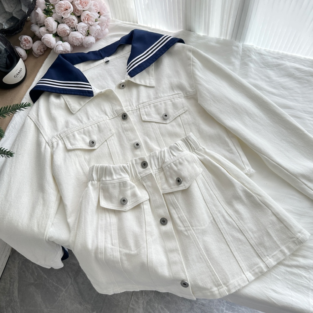 Navy style cotton coat autumn short skirt a set