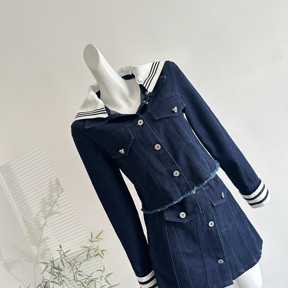 Navy style cotton coat autumn short skirt a set