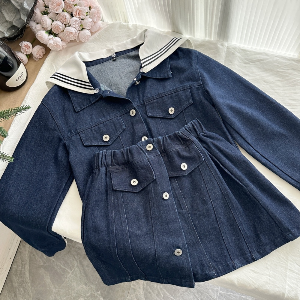 Navy style cotton coat autumn short skirt a set