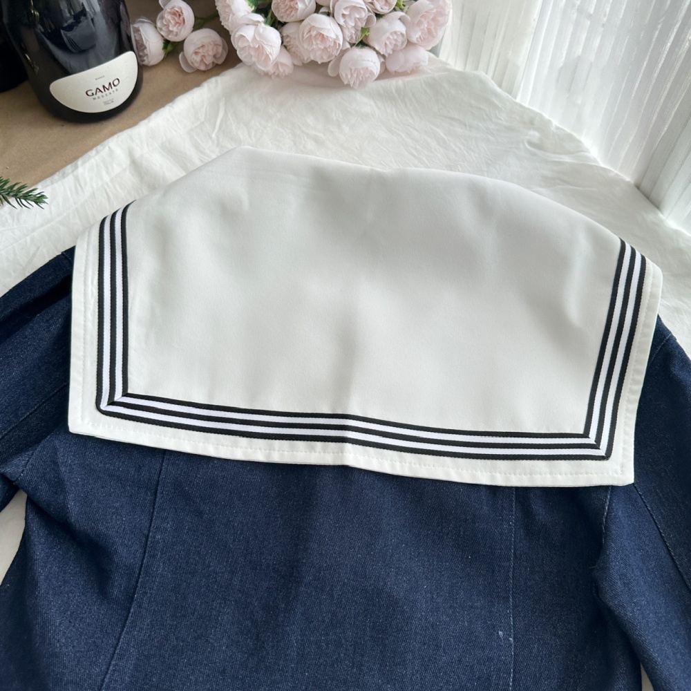 Navy style cotton coat autumn short skirt a set