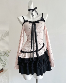 Kitten enticement smock niche autumn dress 2pcs set