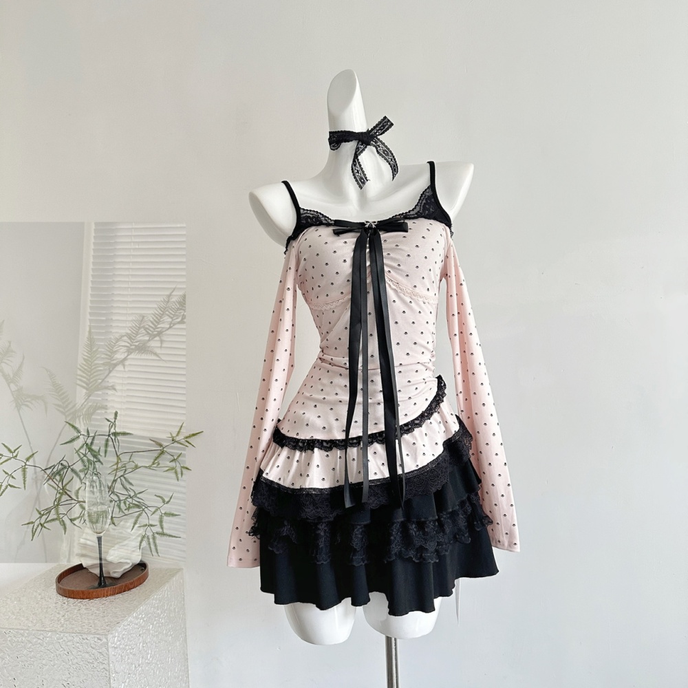 Kitten enticement smock niche autumn dress 2pcs set