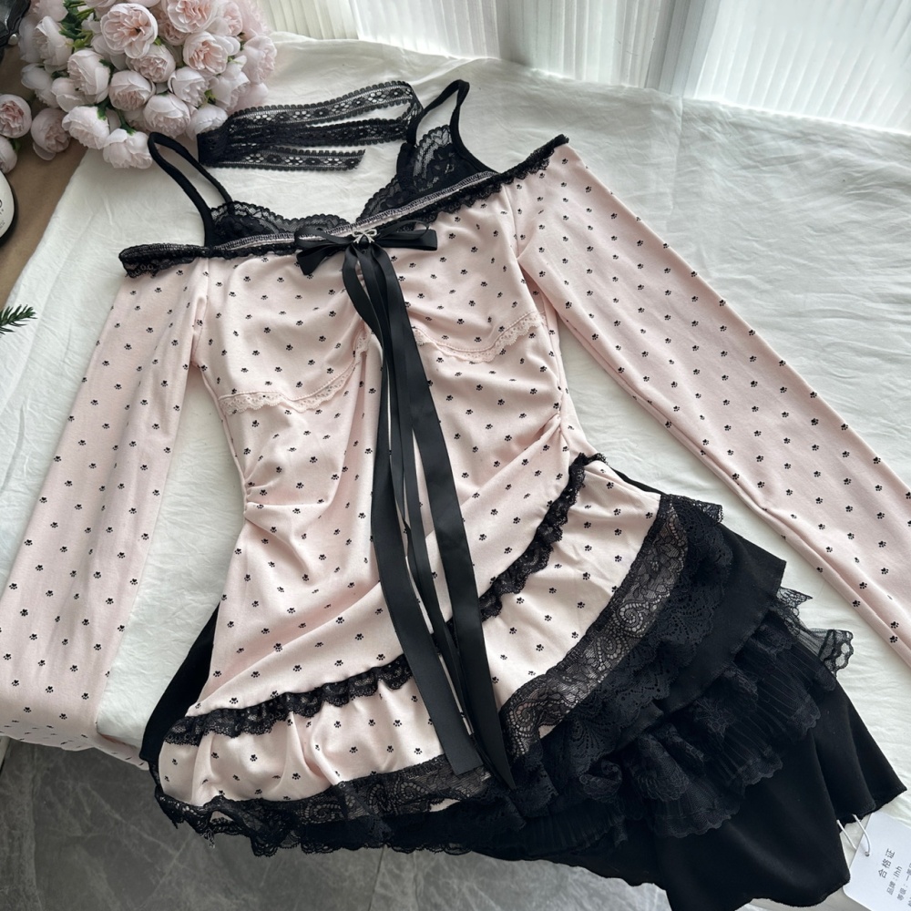 Kitten enticement smock niche autumn dress 2pcs set