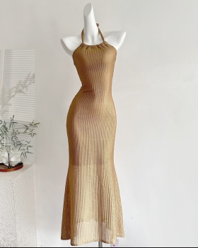 Knitted summer long dress pinched waist dress for women