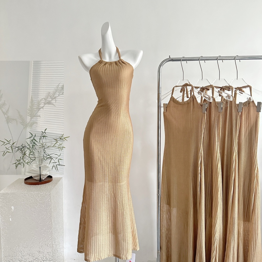 Knitted summer long dress pinched waist dress for women