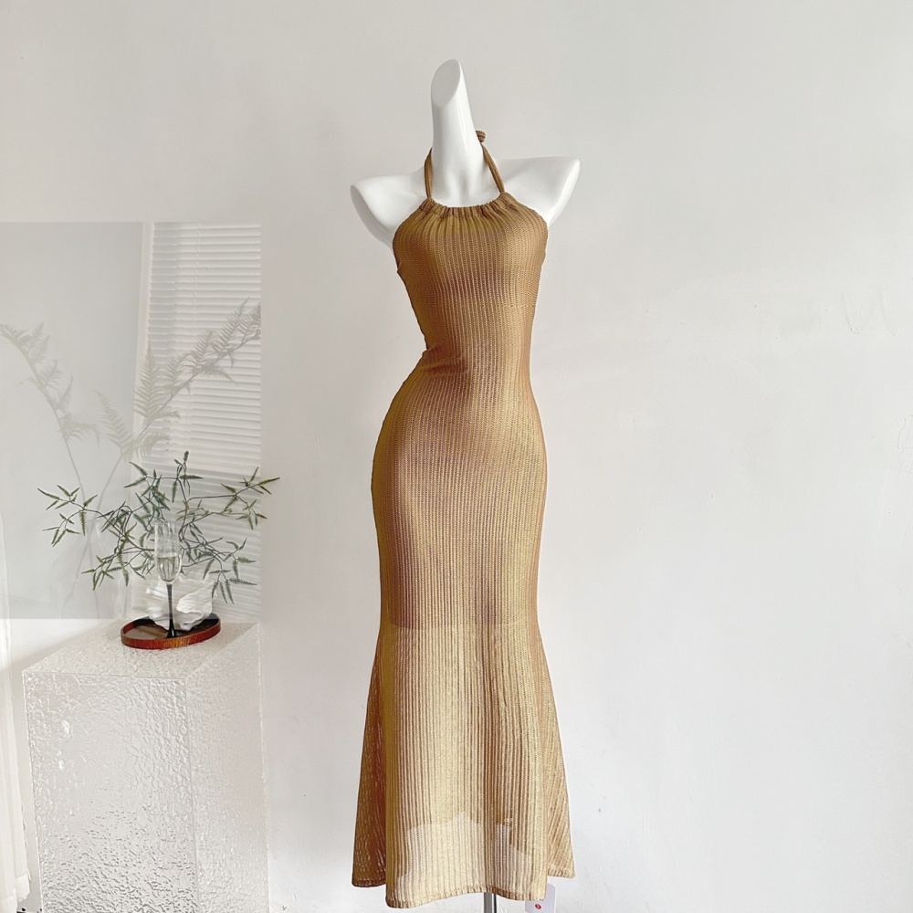 Knitted summer long dress pinched waist dress for women