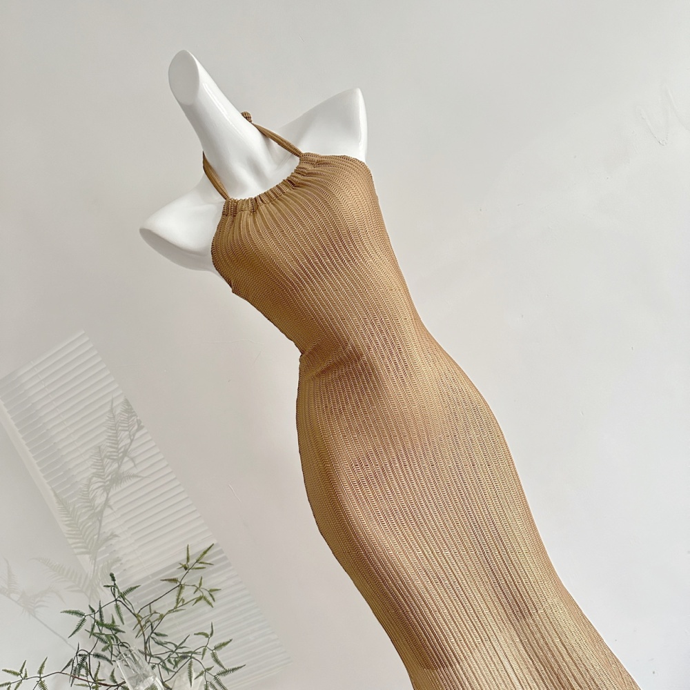 Knitted summer long dress pinched waist dress for women