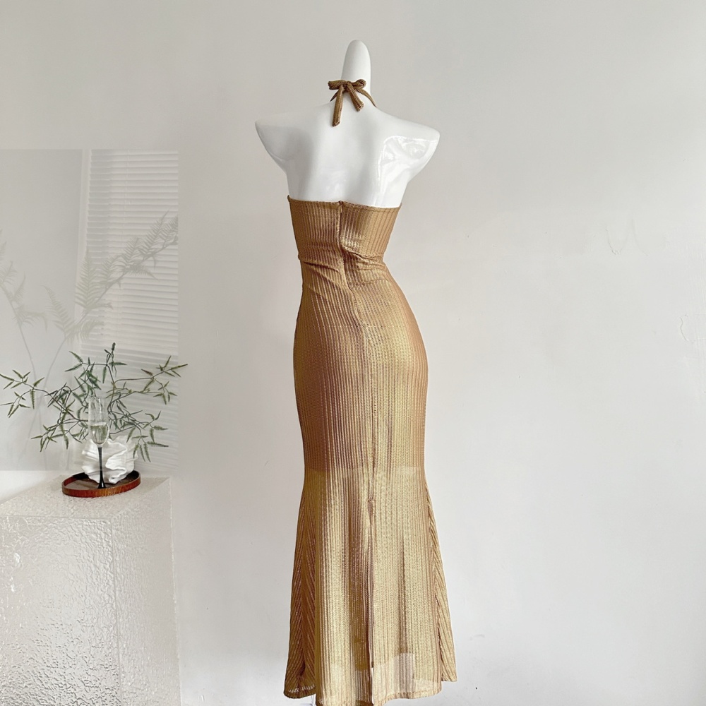Knitted summer long dress pinched waist dress for women