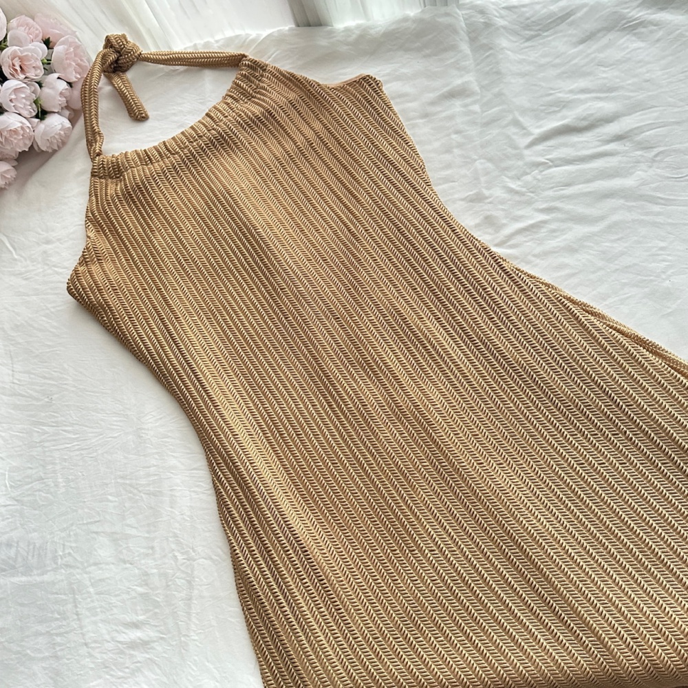 Knitted summer long dress pinched waist dress for women
