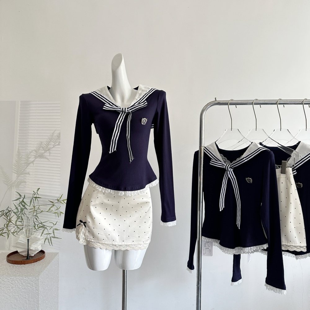 College sweet short skirt slim autumn tops a set