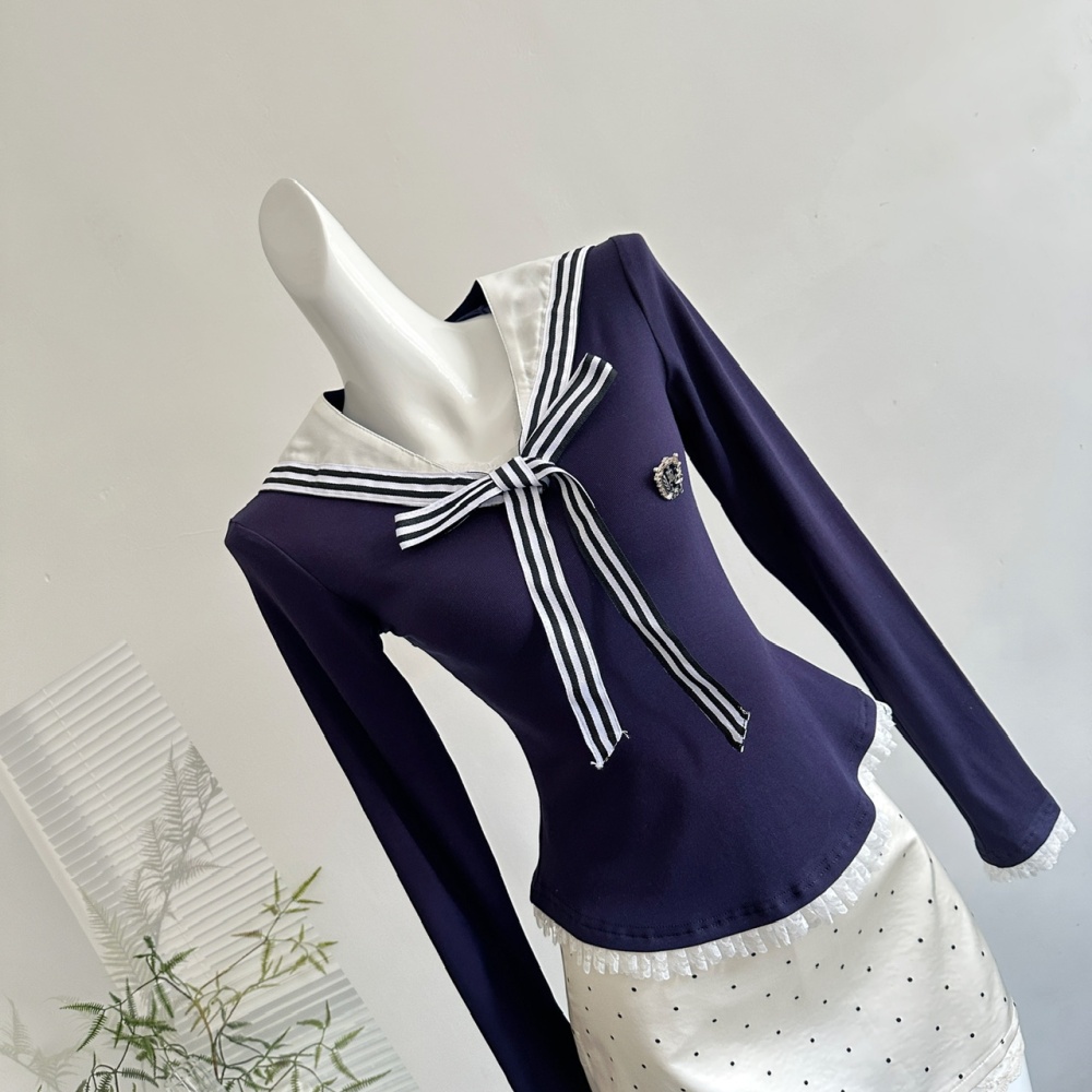 College sweet short skirt slim autumn tops a set