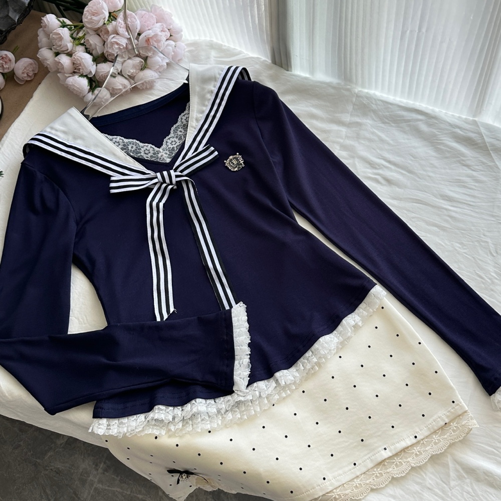 College sweet short skirt slim autumn tops a set