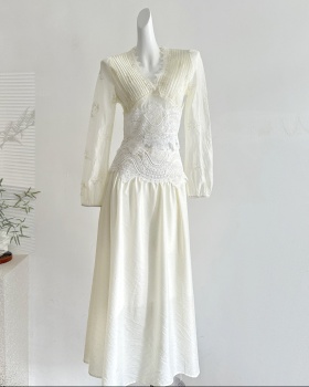 Long V-neck small shirt lace tops a set