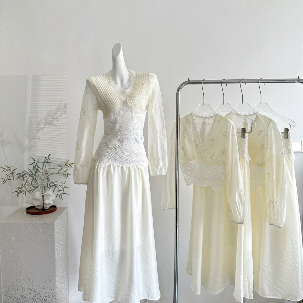 Long V-neck small shirt lace tops a set