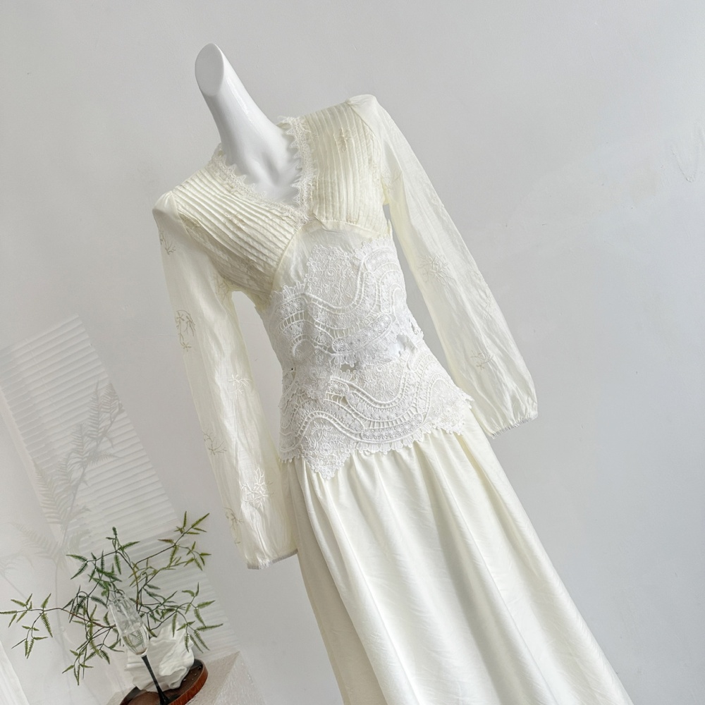 Long V-neck small shirt lace tops a set