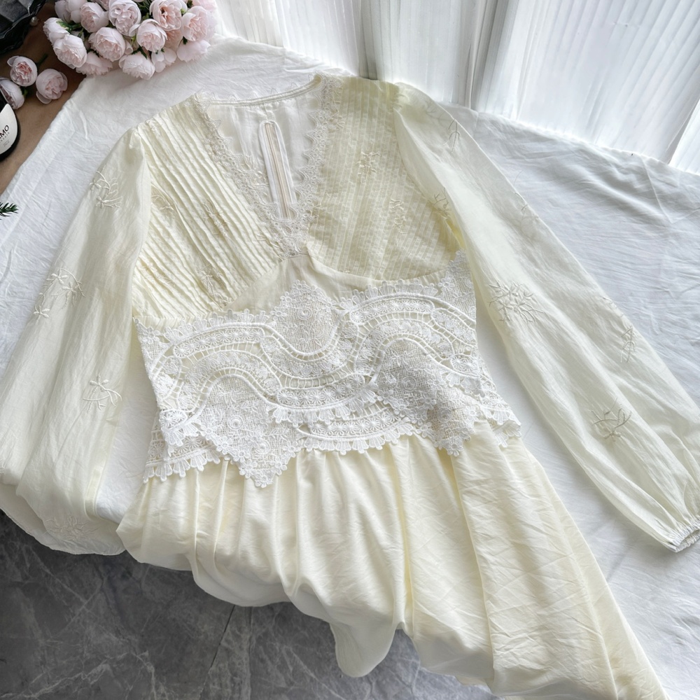 Long V-neck small shirt lace tops a set