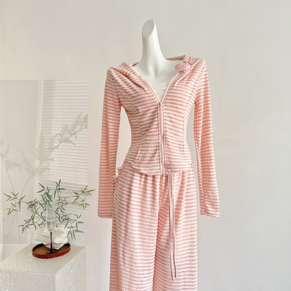 Hooded lazy tops autumn wide leg long pants 3pcs set