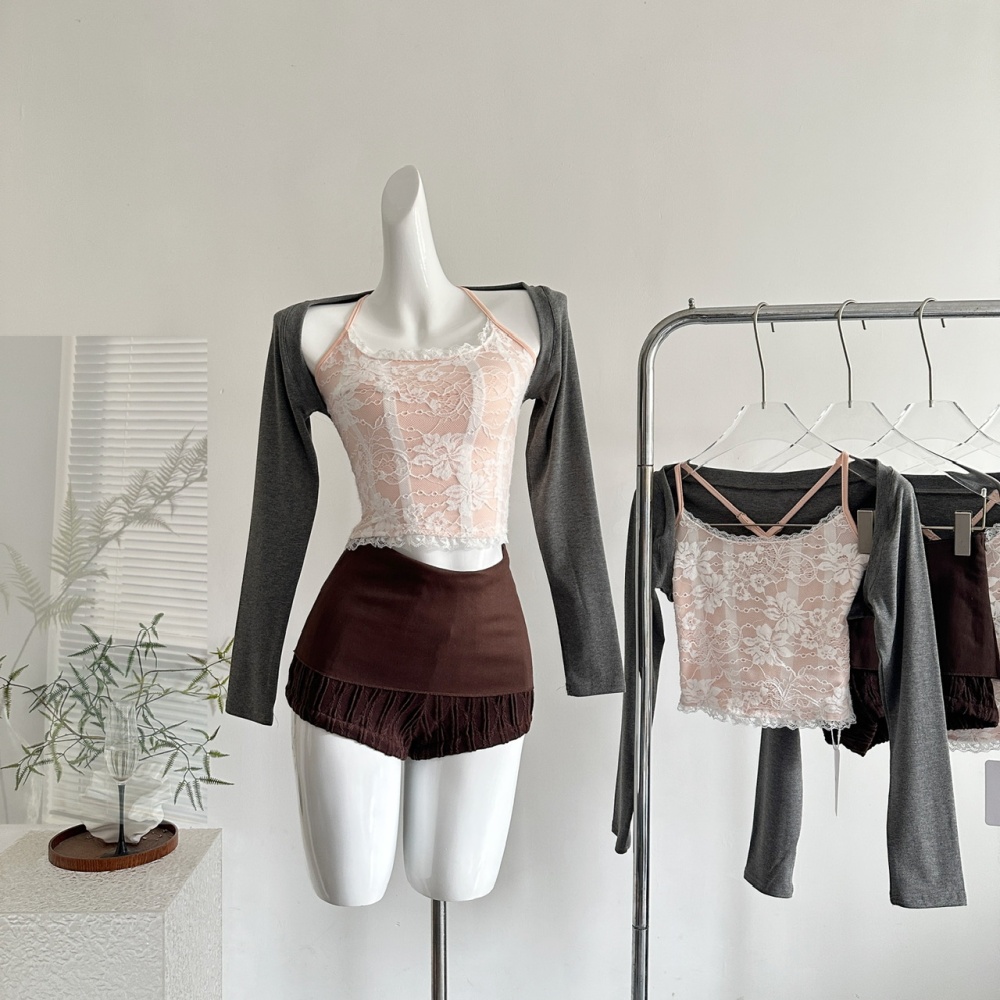 Lace sling shorts knitted back cross waistcoat a set