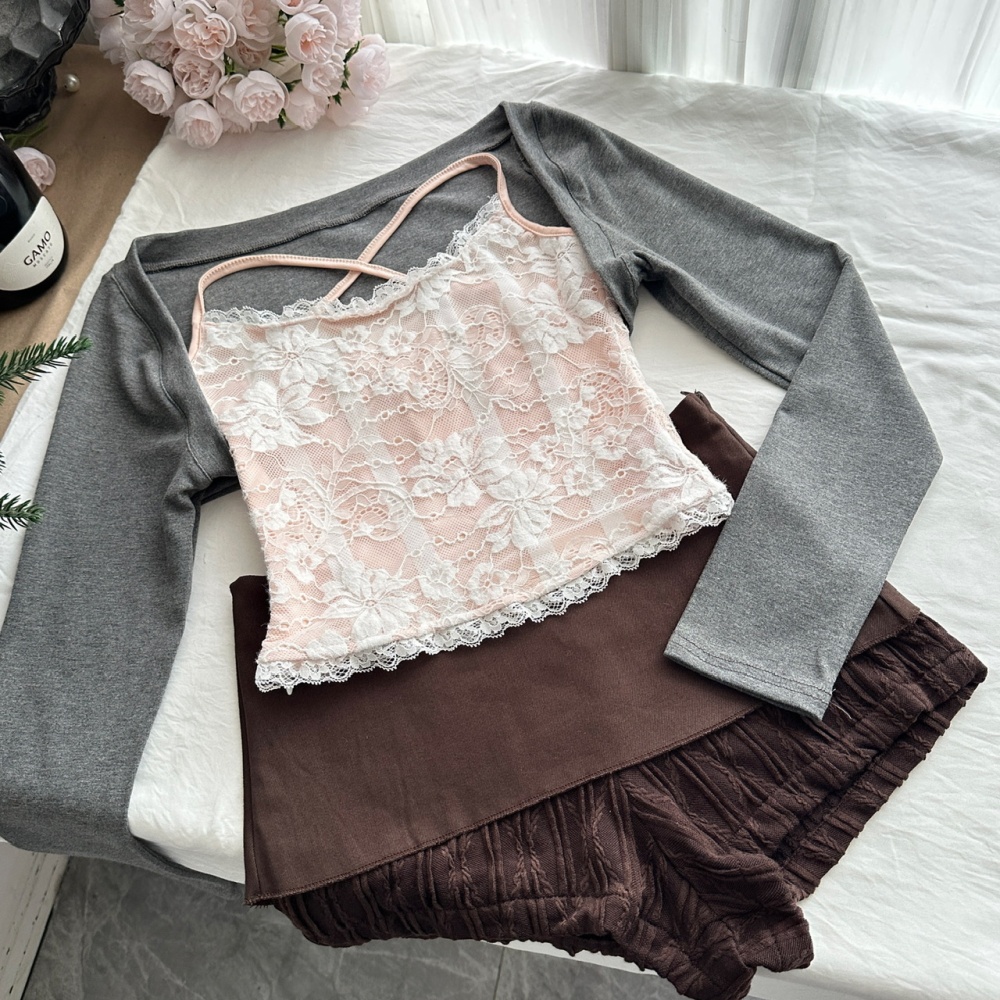 Lace sling shorts knitted back cross waistcoat a set
