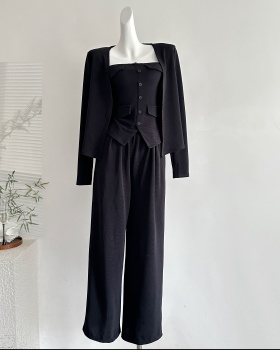 Autumn high waist wide leg pants slim knitted vest 3pcs set