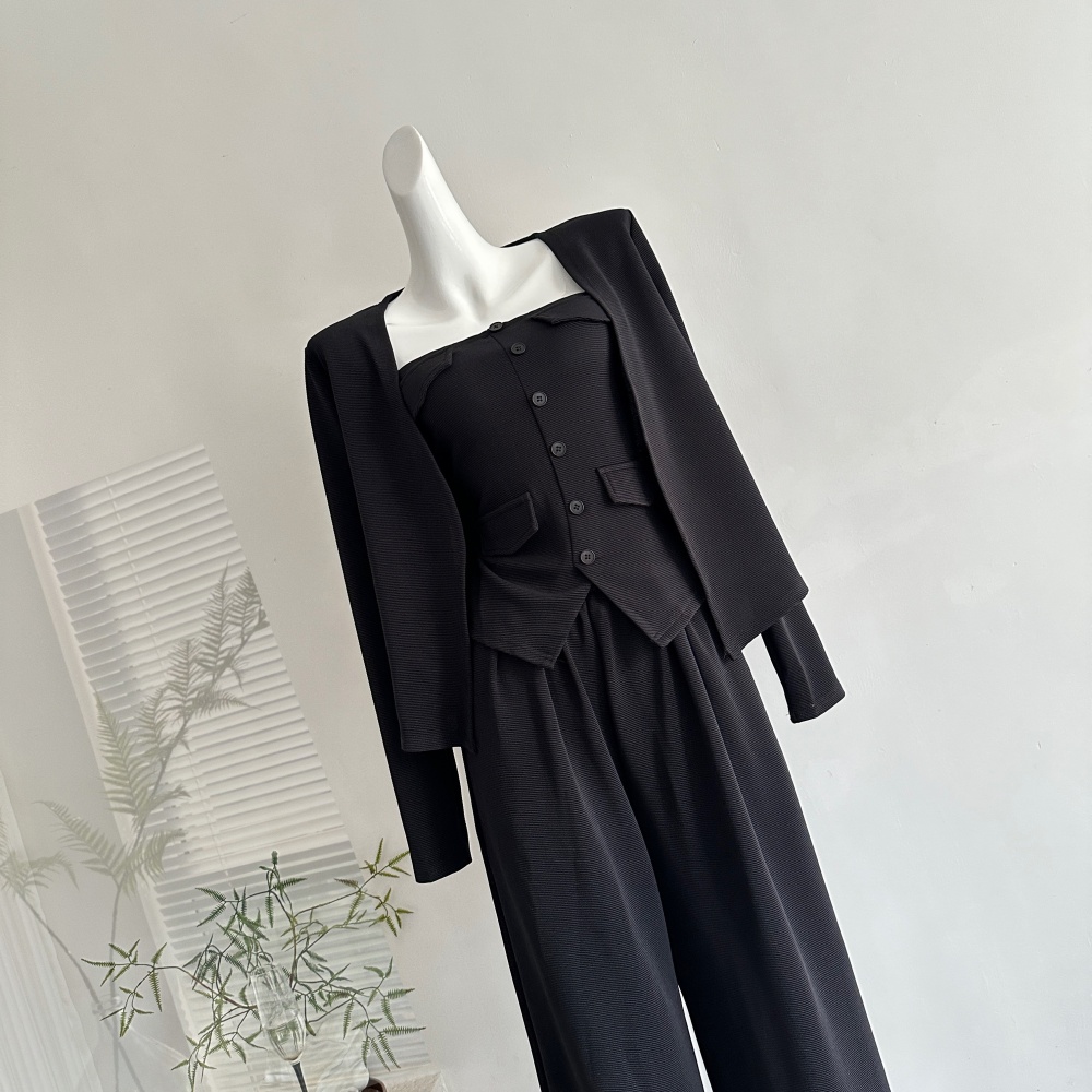 Autumn high waist wide leg pants slim knitted vest 3pcs set