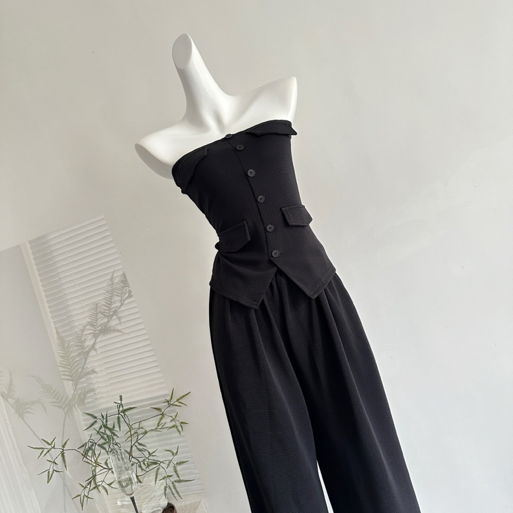 Autumn high waist wide leg pants slim knitted vest 3pcs set