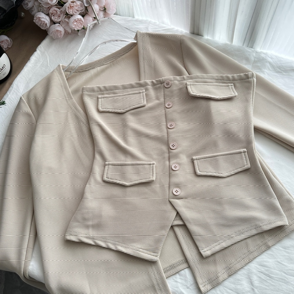 Autumn high waist wide leg pants slim knitted vest 3pcs set