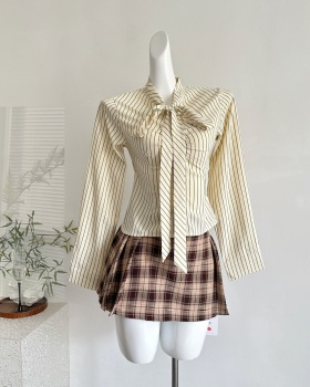 Long sleeve plaid shirt stripe bandage short skirt 2pcs set