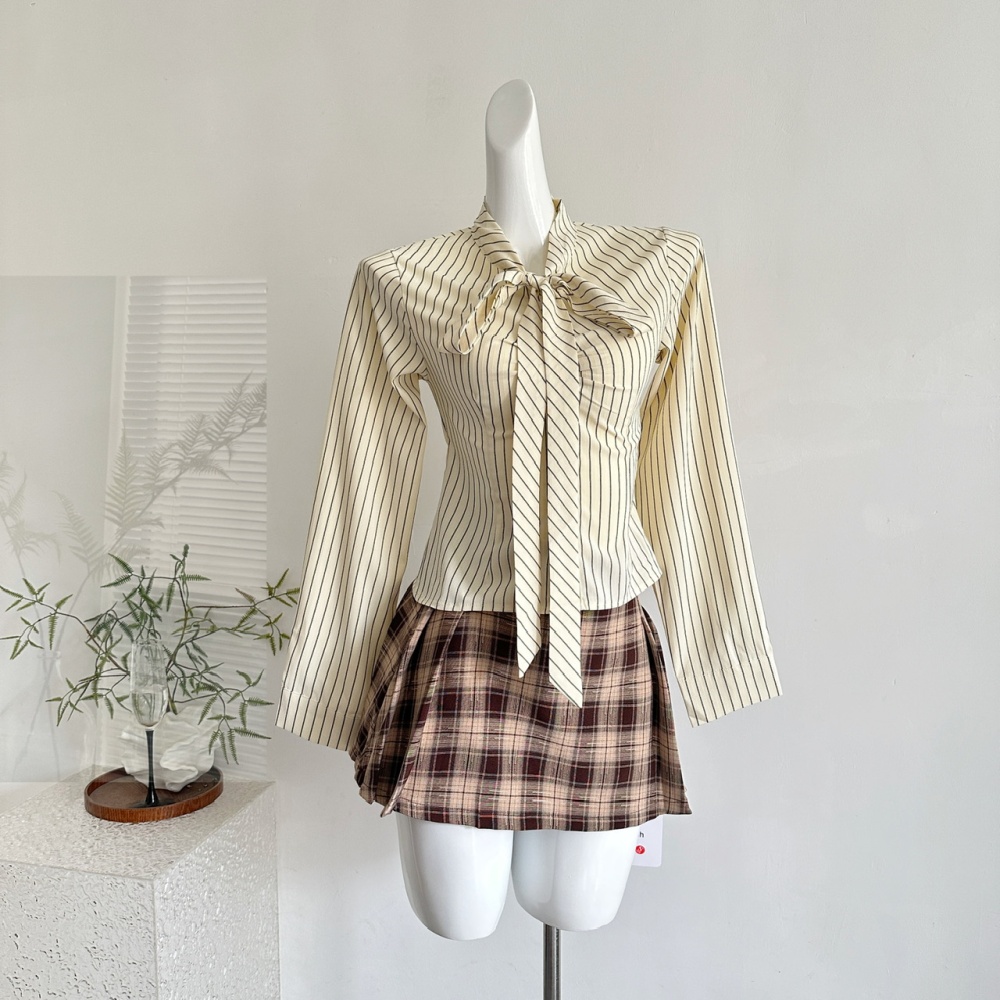 Long sleeve plaid shirt stripe bandage short skirt 2pcs set